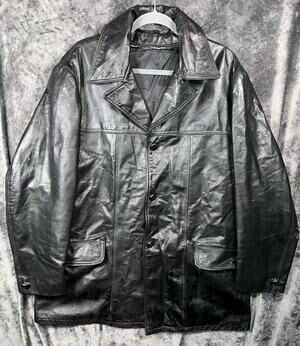 Vintage 80s Black Leather Car Coat Button Jacket Mens 44 XL Distressed